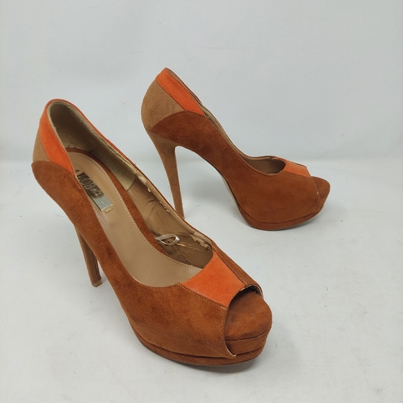 LOB Footwear Brown Orange Faux Suede Two Tone Platform Peep Toe High Heels Sz 6 - Picture 10 of 10